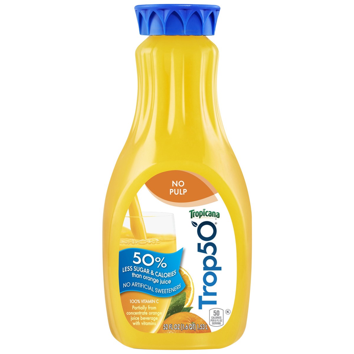 slide 1 of 4, Tropicana Trop50 Juice Beverage Orange No Pulp 52 Fl Oz Bottle, 52 oz