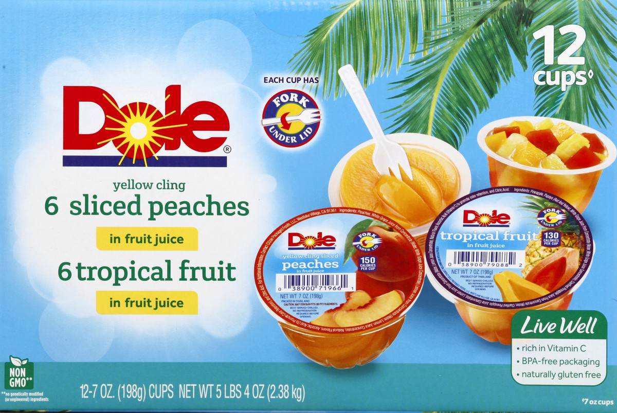 slide 8 of 10, Dole In Fruit Juice Yellow Cling Sliced Peaches/Tropical Fruit 12 ea, 12 ct