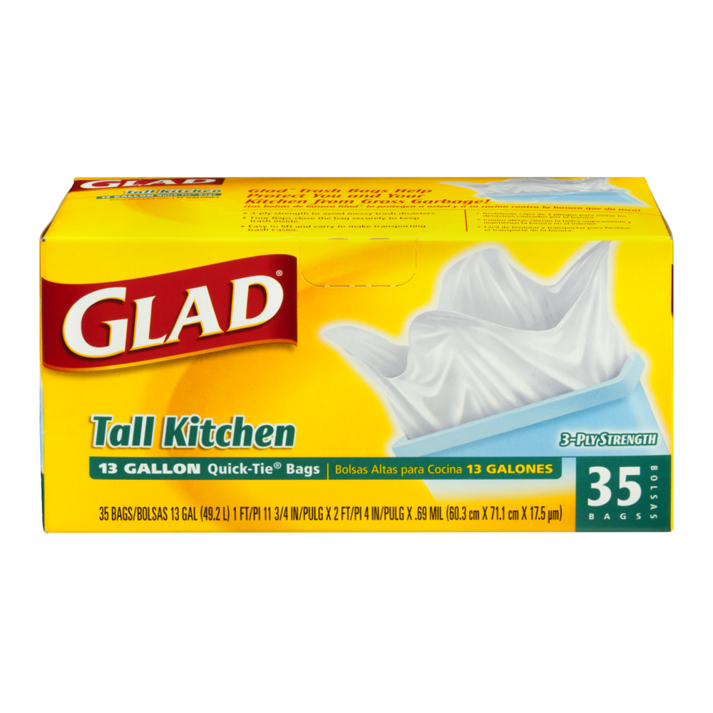 slide 1 of 1, Glad Tall Kitchen Quick-Tie Trash Bags, 13 Gallon, 35 ct