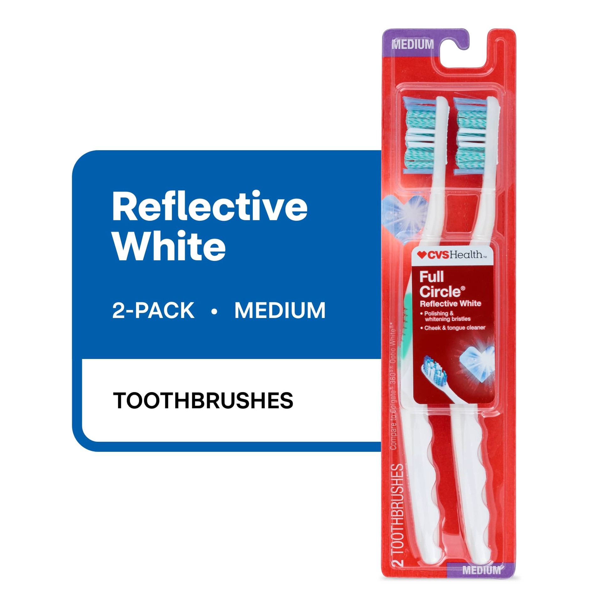 slide 1 of 1, CVS Health Full Circle Reflective White Toothbrush, Medium Bristle, 2 Ct, 1 ct