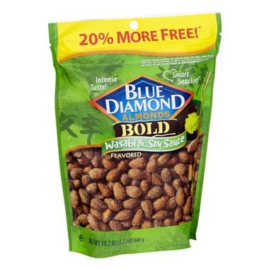 slide 1 of 1, Blue Diamond Bold Wasabi & Soy Sauce Flavored Almonds, 19.2 oz
