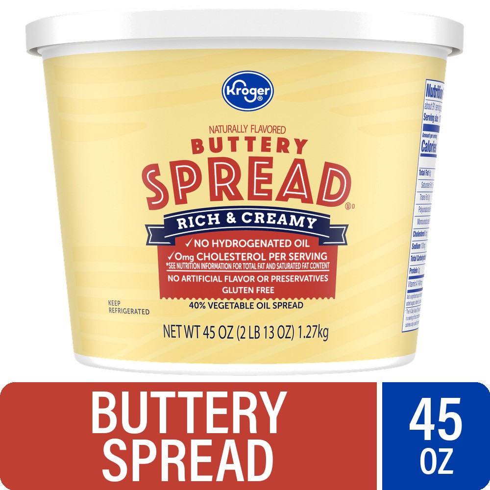 slide 1 of 6, Kroger 40% Vegetable Oil Buttery Spread Tub, 45 oz