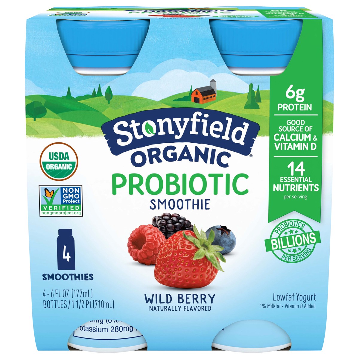 slide 1 of 5, Stonyfield Organic Lowfat Yogurt Wild Berry Probiotic Smoothie 4 - 6 fl oz Bottles, 4 ct