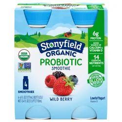 Stonyfield Organic Probiotic Wild Berry Lowfat Yogurt Smoothies 4 ct Bottles