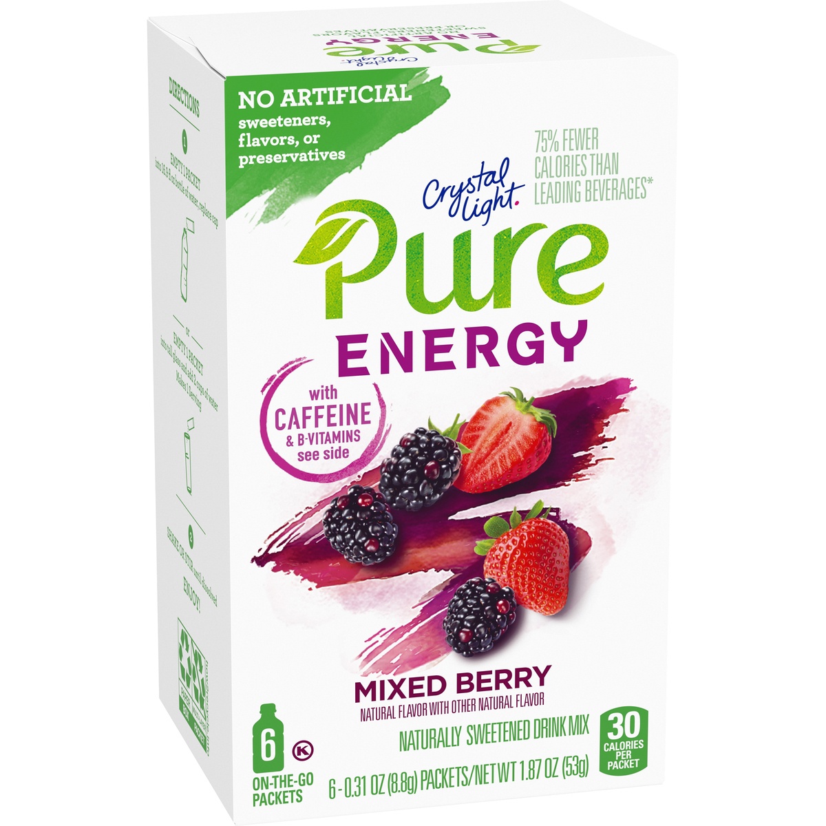 slide 2 of 11, Crystal Light Pure Energy Mixed Berry Naturally Flavored Powdered Drink Mix with Caffeine & No Artificial Sweeteners On-the-Go, 6 ct