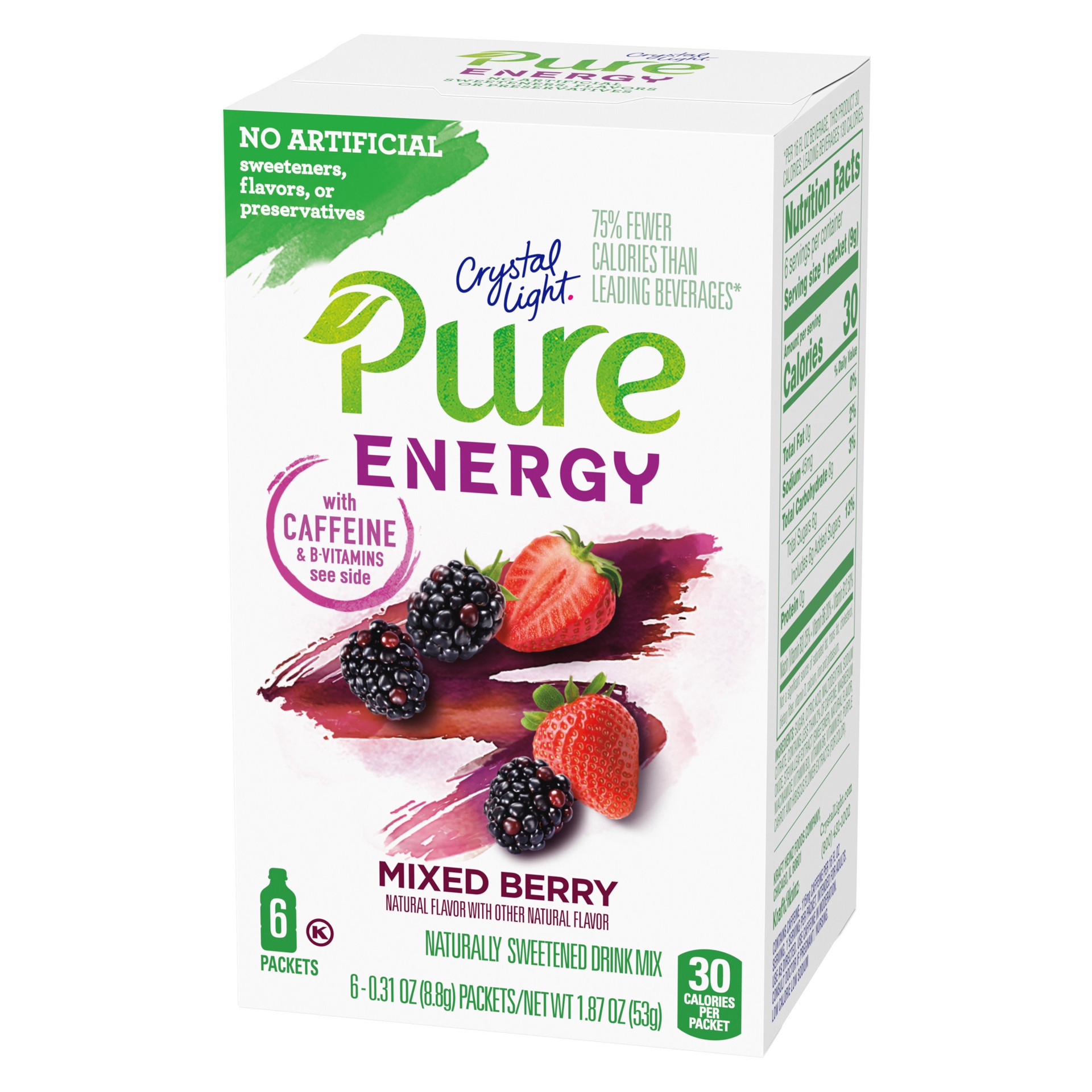 slide 4 of 5, Crystal Light Pure Energy Mixed Berry Naturally Flavored Powdered Drink Mix with Caffeine & No Artificial Sweeteners, 6 ct On-the-Go Packets, 6 ct