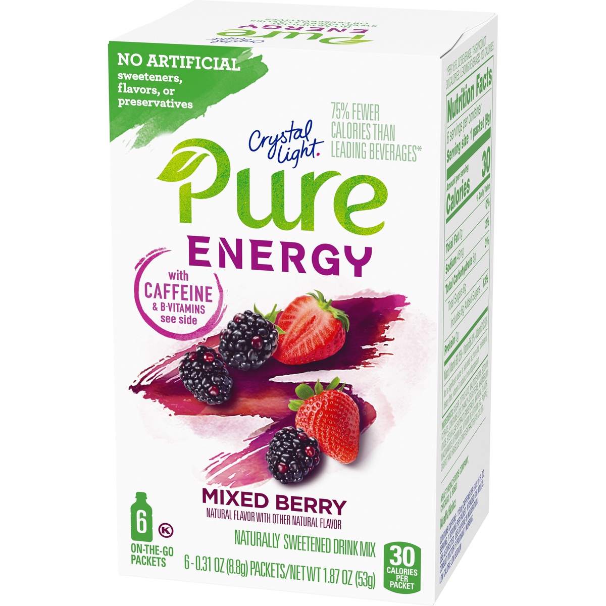slide 3 of 11, Crystal Light Pure Energy Mixed Berry Naturally Flavored Powdered Drink Mix with Caffeine & No Artificial Sweeteners On-the-Go, 6 ct
