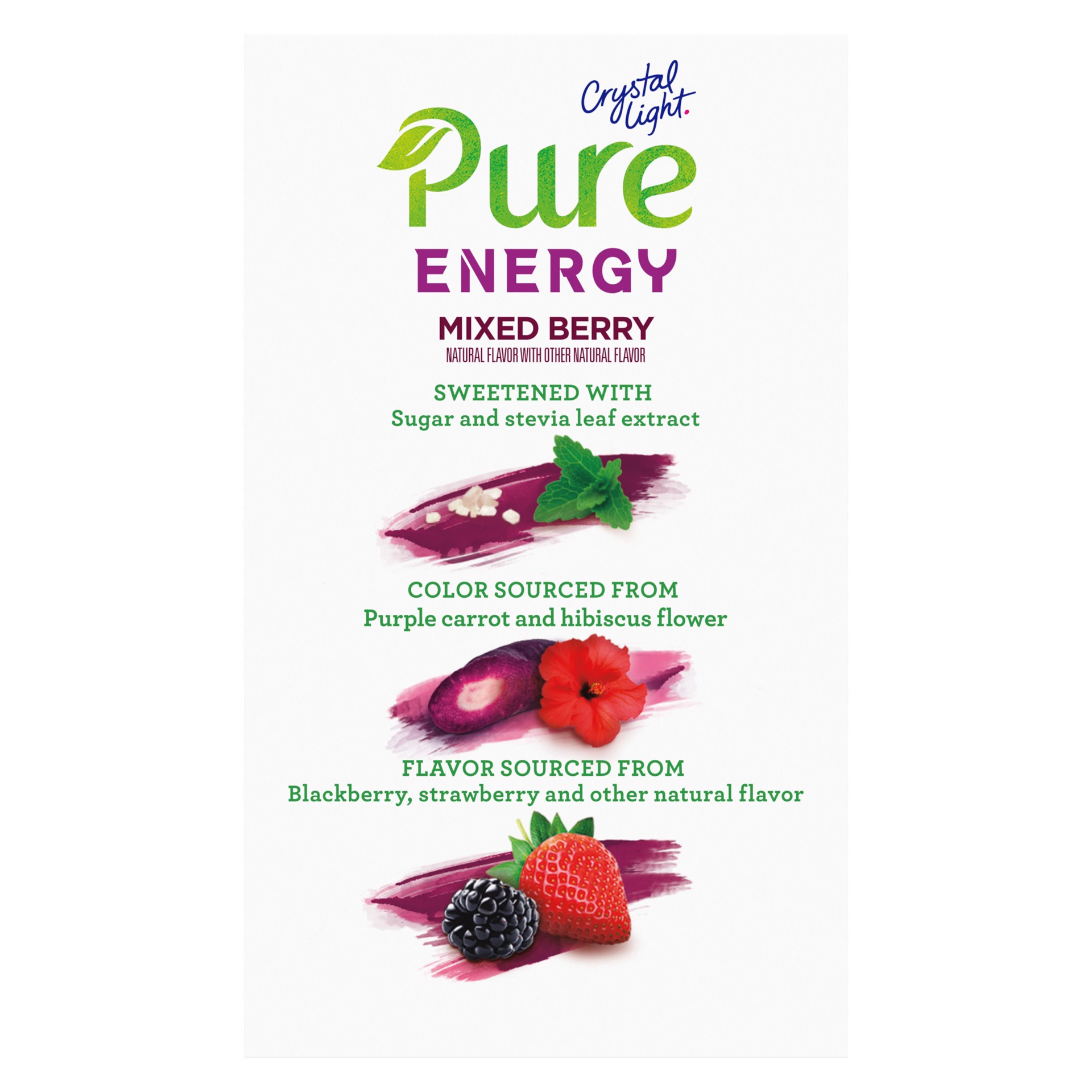 slide 2 of 5, Crystal Light Pure Energy Mixed Berry Naturally Flavored Powdered Drink Mix with Caffeine & No Artificial Sweeteners, 6 ct On-the-Go Packets, 6 ct