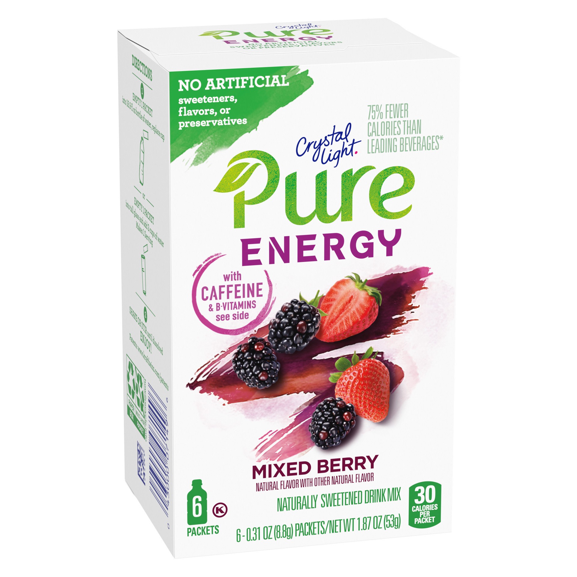 slide 3 of 5, Crystal Light Pure Energy Mixed Berry Naturally Flavored Powdered Drink Mix with Caffeine & No Artificial Sweeteners, 6 ct On-the-Go Packets, 6 ct