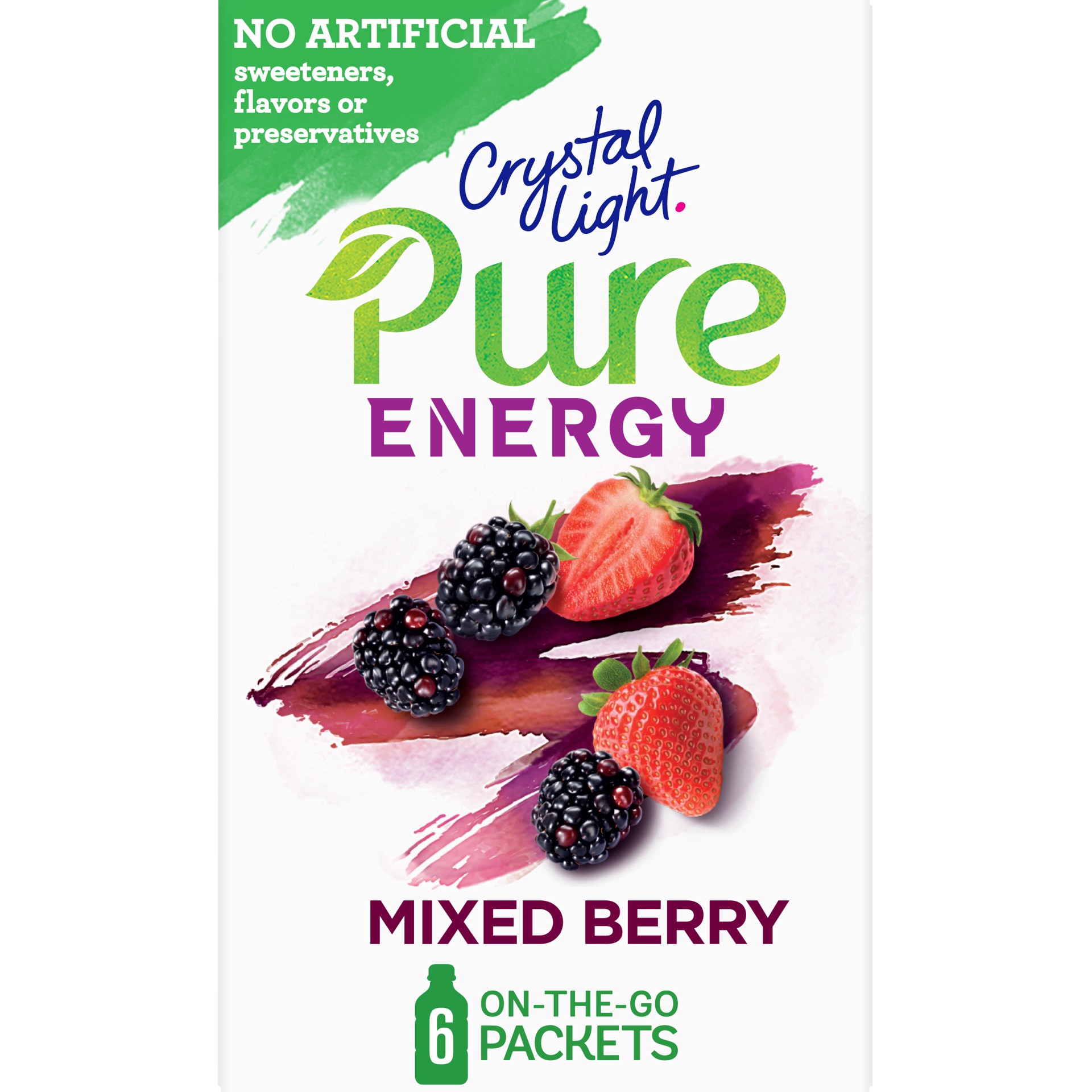 slide 1 of 1, Crystal Light Pure Energy Mixed Berry Naturally Flavored Powdered Drink Mix with Caffeine & No Artificial Sweeteners On-the-Go Packets, 6 ct