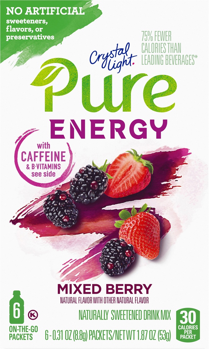 slide 9 of 11, Crystal Light Pure Energy Mixed Berry Naturally Flavored Powdered Drink Mix with Caffeine & No Artificial Sweeteners On-the-Go, 6 ct