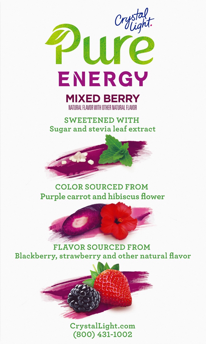 slide 10 of 11, Crystal Light Pure Energy Mixed Berry Naturally Flavored Powdered Drink Mix with Caffeine & No Artificial Sweeteners On-the-Go, 6 ct