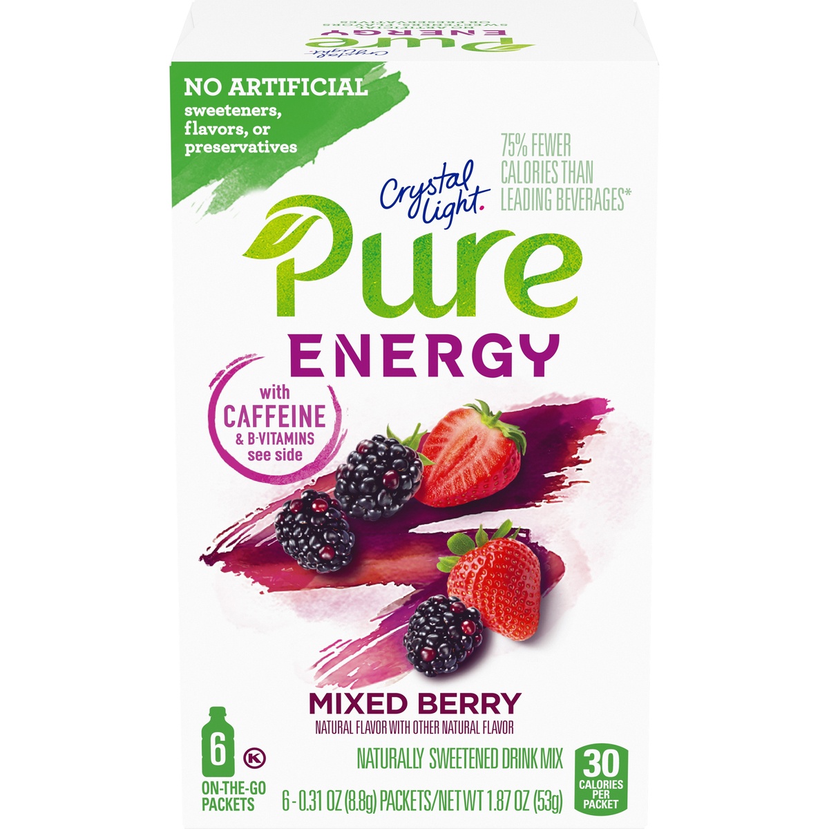 slide 1 of 11, Crystal Light Pure Energy Mixed Berry Naturally Flavored Powdered Drink Mix with Caffeine & No Artificial Sweeteners On-the-Go, 6 ct