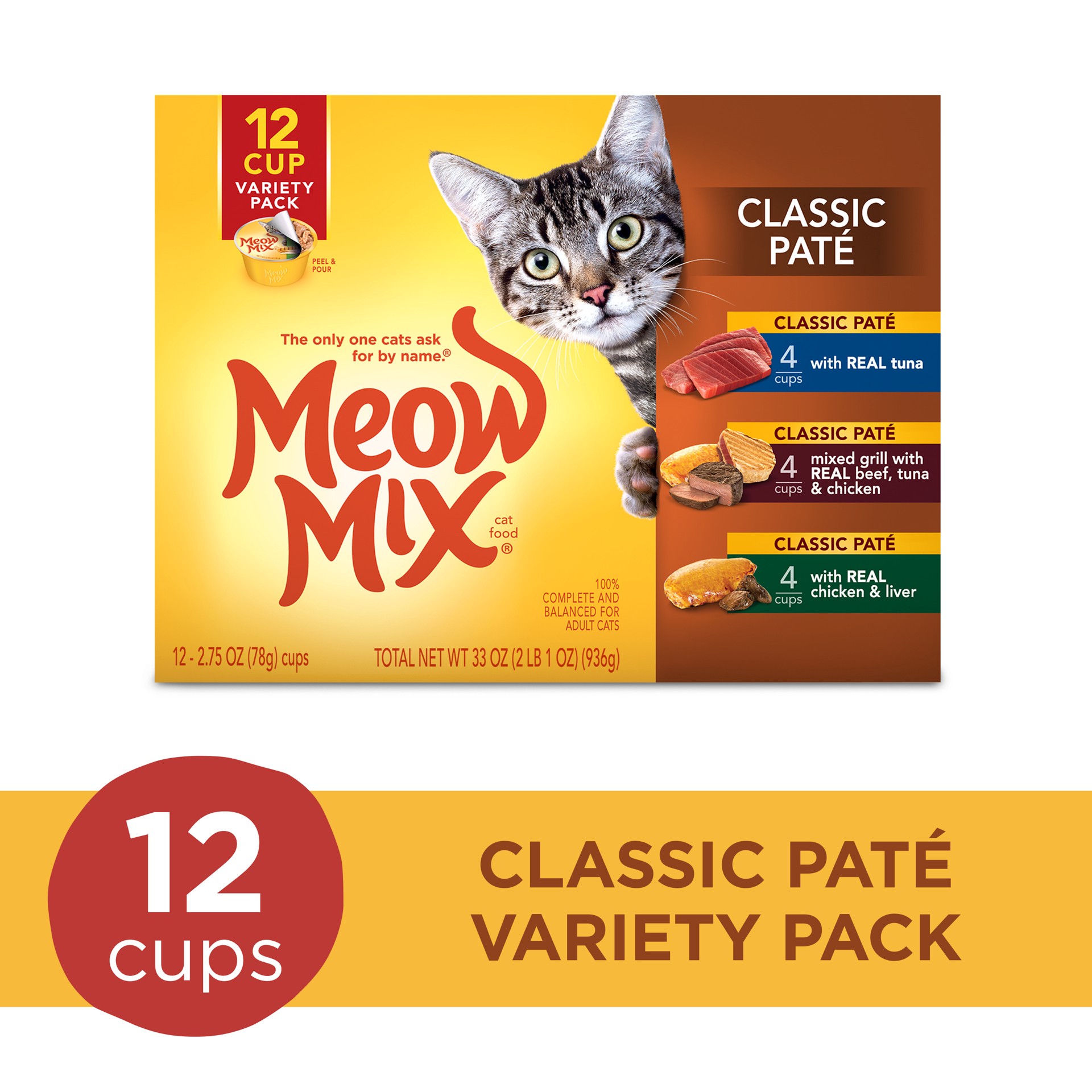 slide 2 of 3, Meow Mix Classic Pate Wet Cat Food Variety Pack, 2.75-Ounce, 12-Pack, 33 oz