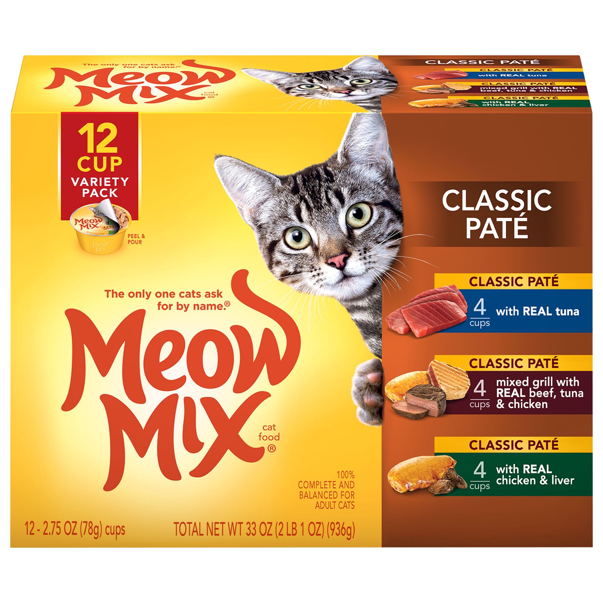 slide 1 of 3, Meow Mix Classic Pate Wet Cat Food Variety Pack, 2.75-Ounce, 12-Pack, 33 oz