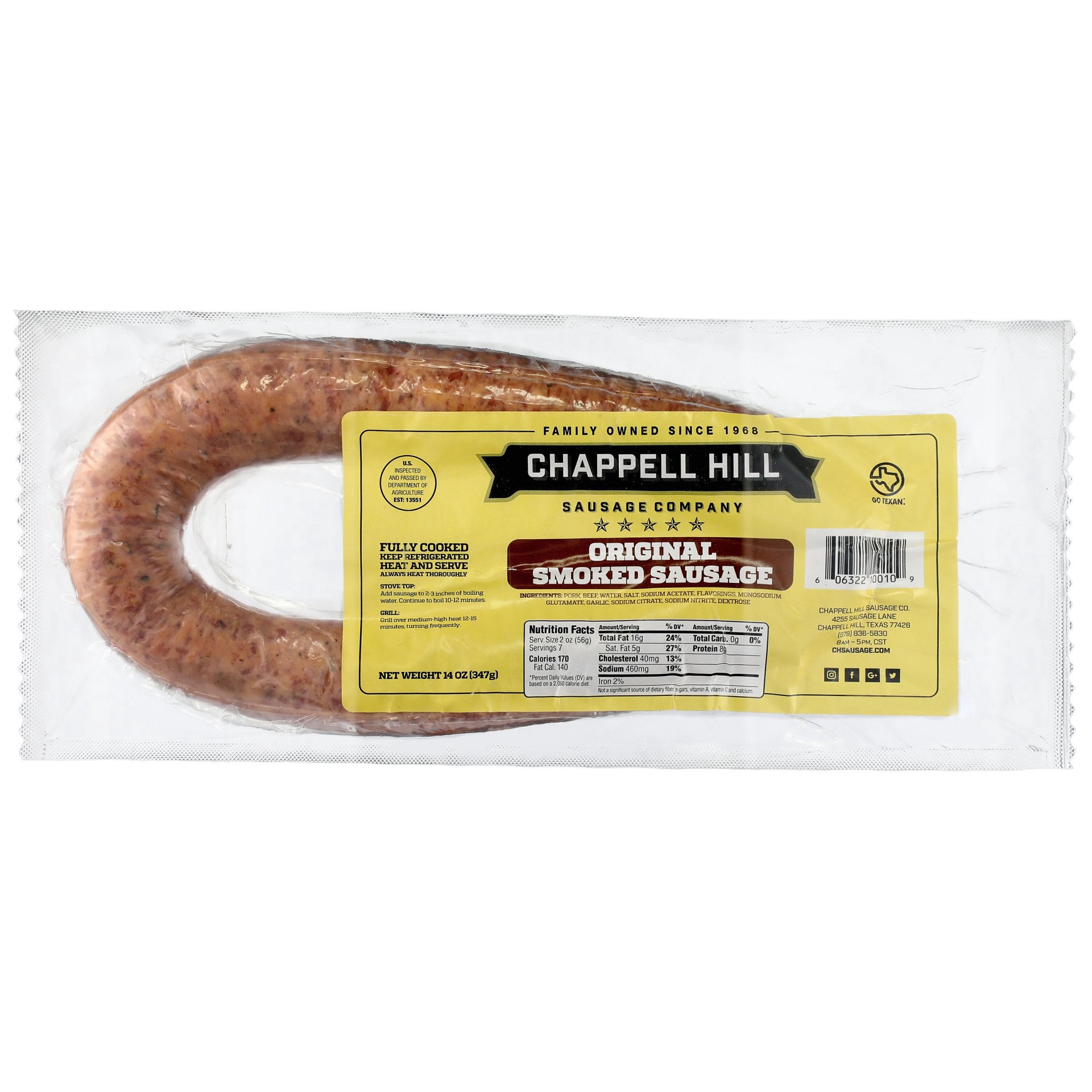 slide 1 of 1, Chappell Hill Original Smoked Sausage, 14 oz