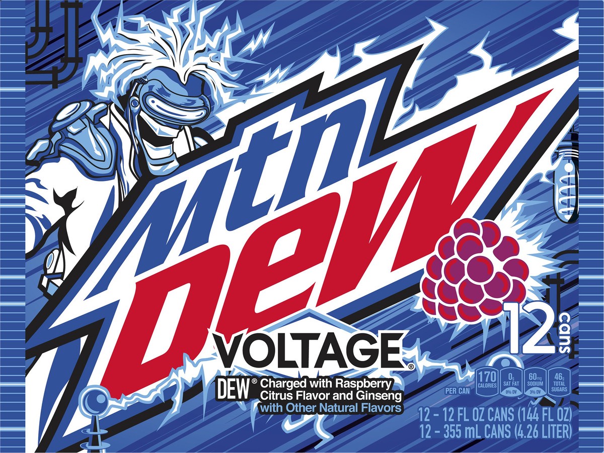 slide 5 of 6, Mountain Dew Voltage DEW Soda Charged With Raspberry Citrus Flavor And Ginseng - 12 ct, 12 ct