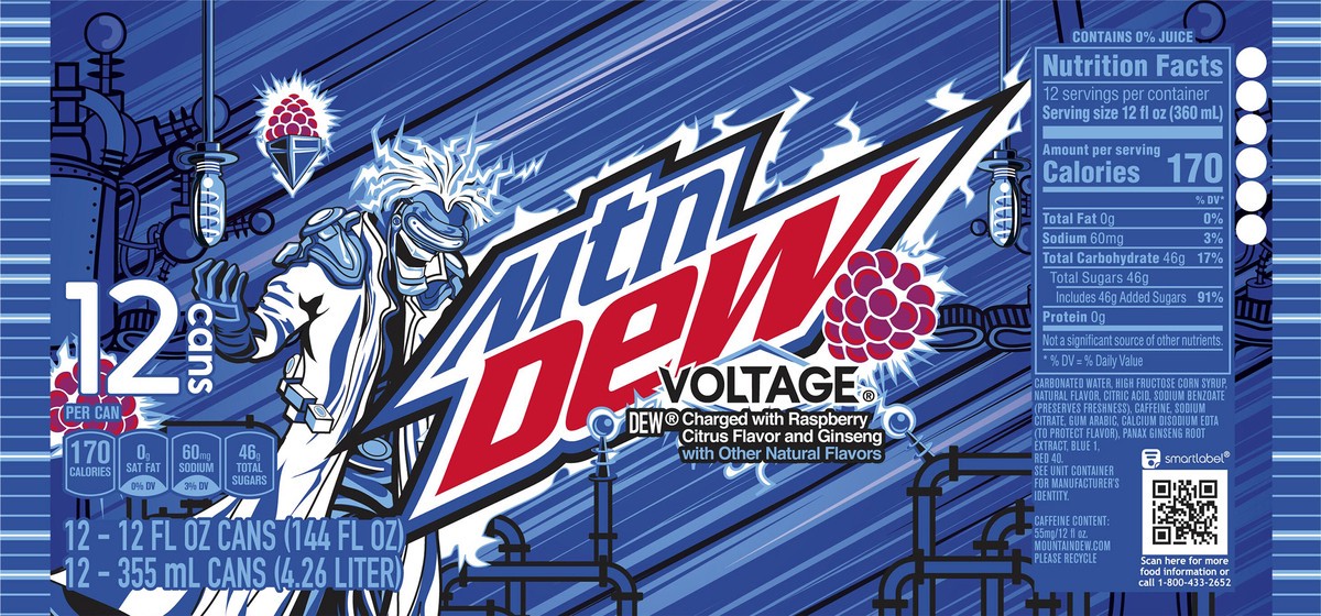 slide 4 of 6, Mountain Dew Voltage DEW Soda Charged With Raspberry Citrus Flavor And Ginseng - 12 ct, 12 ct