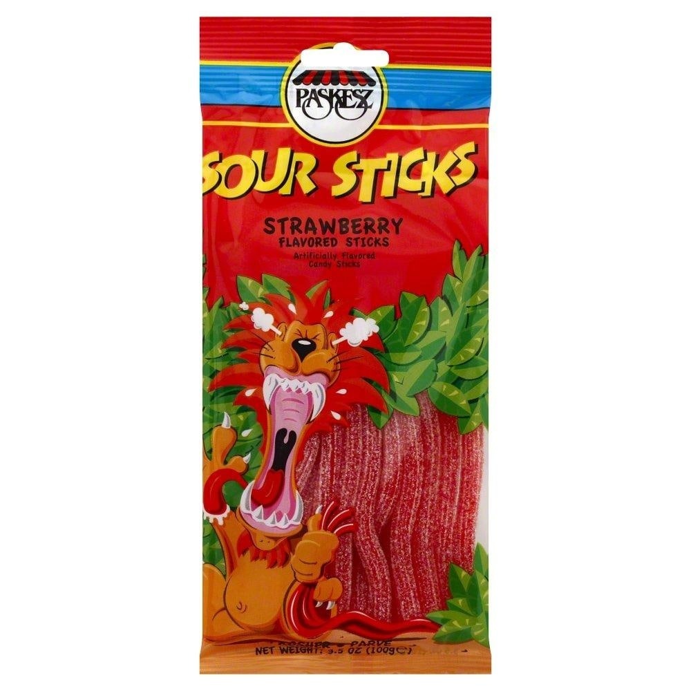 slide 1 of 1, Paskesz Strawberry Sour Sticks, 3.5 oz