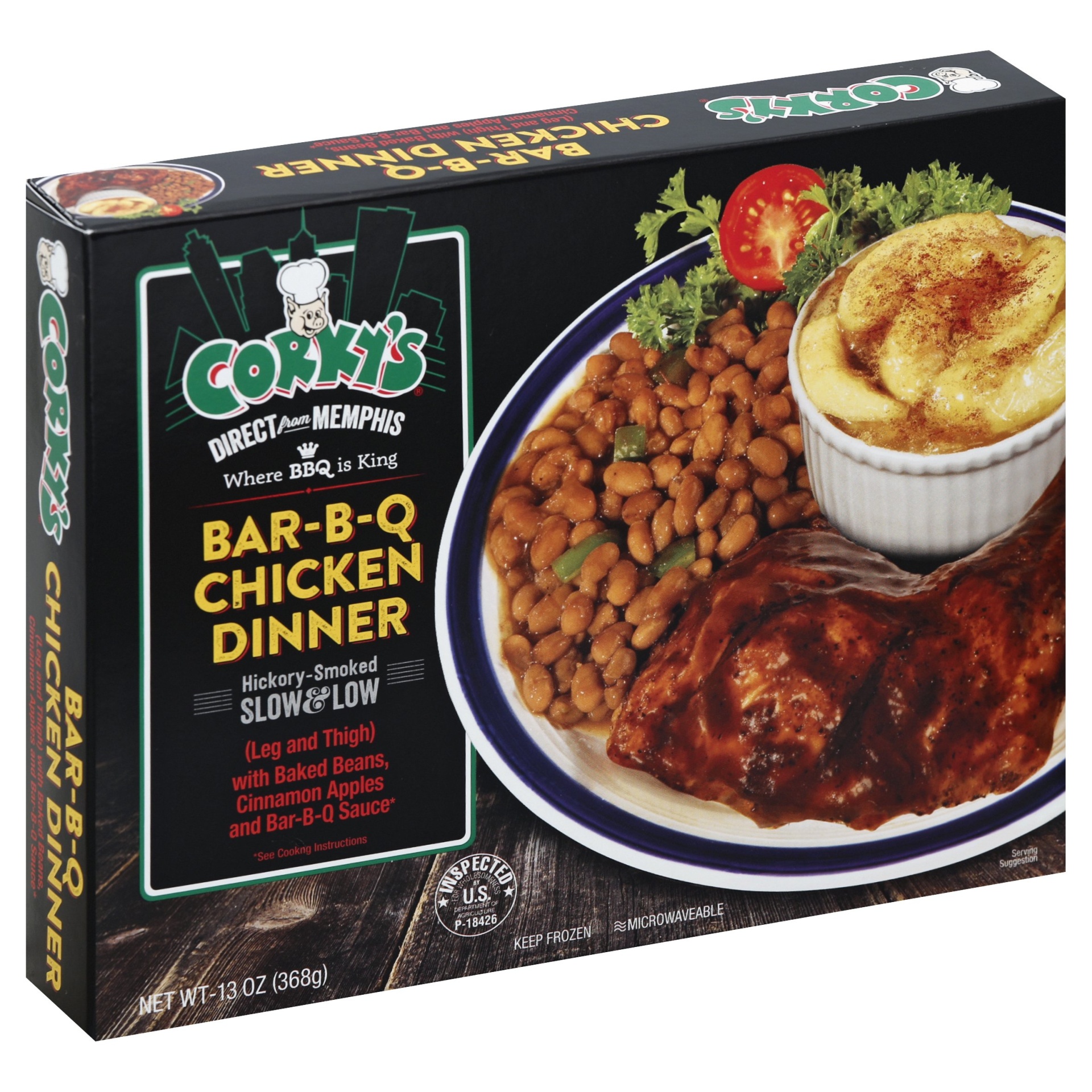 slide 1 of 4, Corky's Bar-B-Q Chicken Dinner, 13 oz