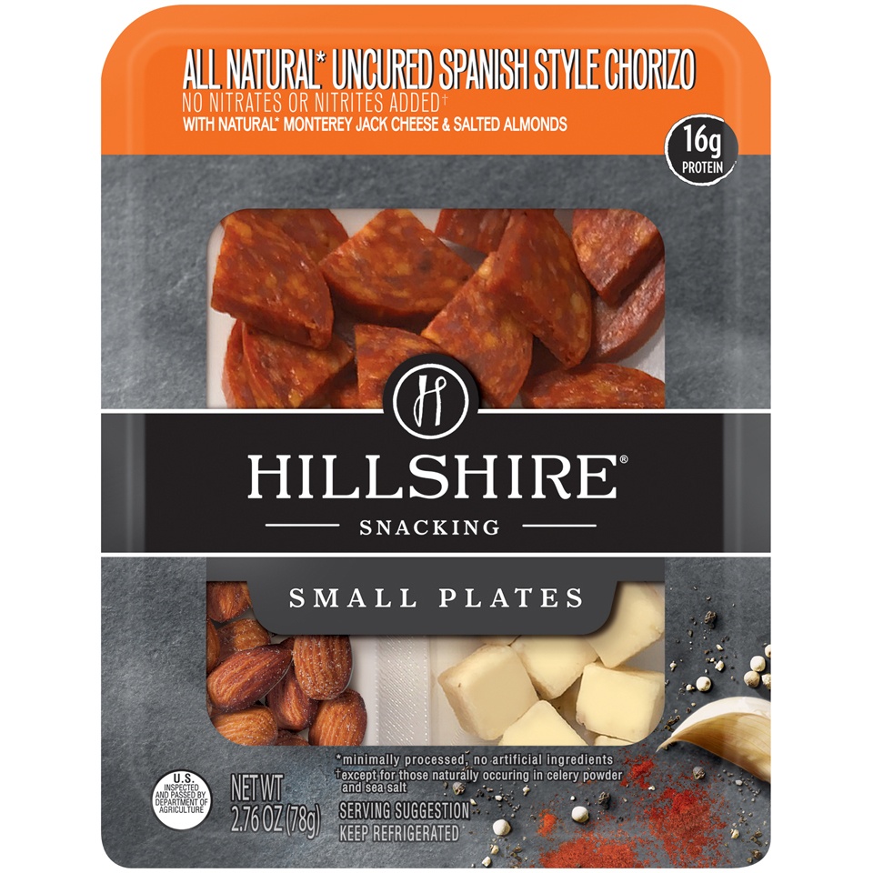 slide 1 of 4, Hillshire Farm All Natural Uncured Spanish Style Chorizo with Cheese & Almonds Small Plate, 2.76 oz