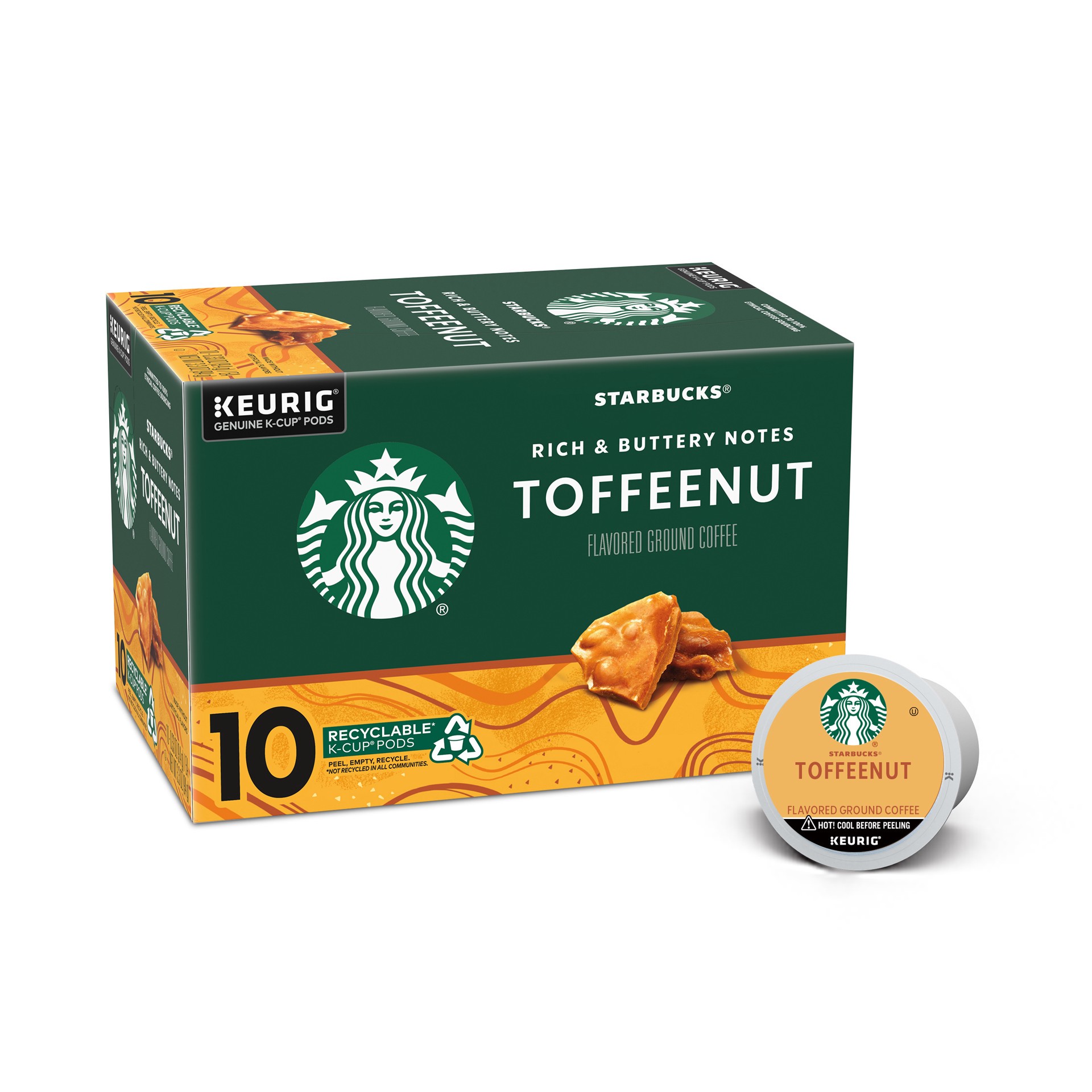 slide 1 of 9, Starbucks K-Cup Coffee Pods, Toffeenut Flavored Coffee, Naturally Flavored, 100% Arabica, 1 box (10 pods), 10 ct