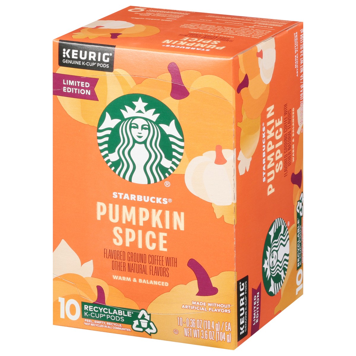 slide 2 of 9, Starbucks K-Cup Coffee Pods, Pumpkin Spice Naturally Flavored Coffee for Keurig Coffee Makers, 100% Arabica, Limited Edition, 1 Box (10 Pods), 3.6 oz