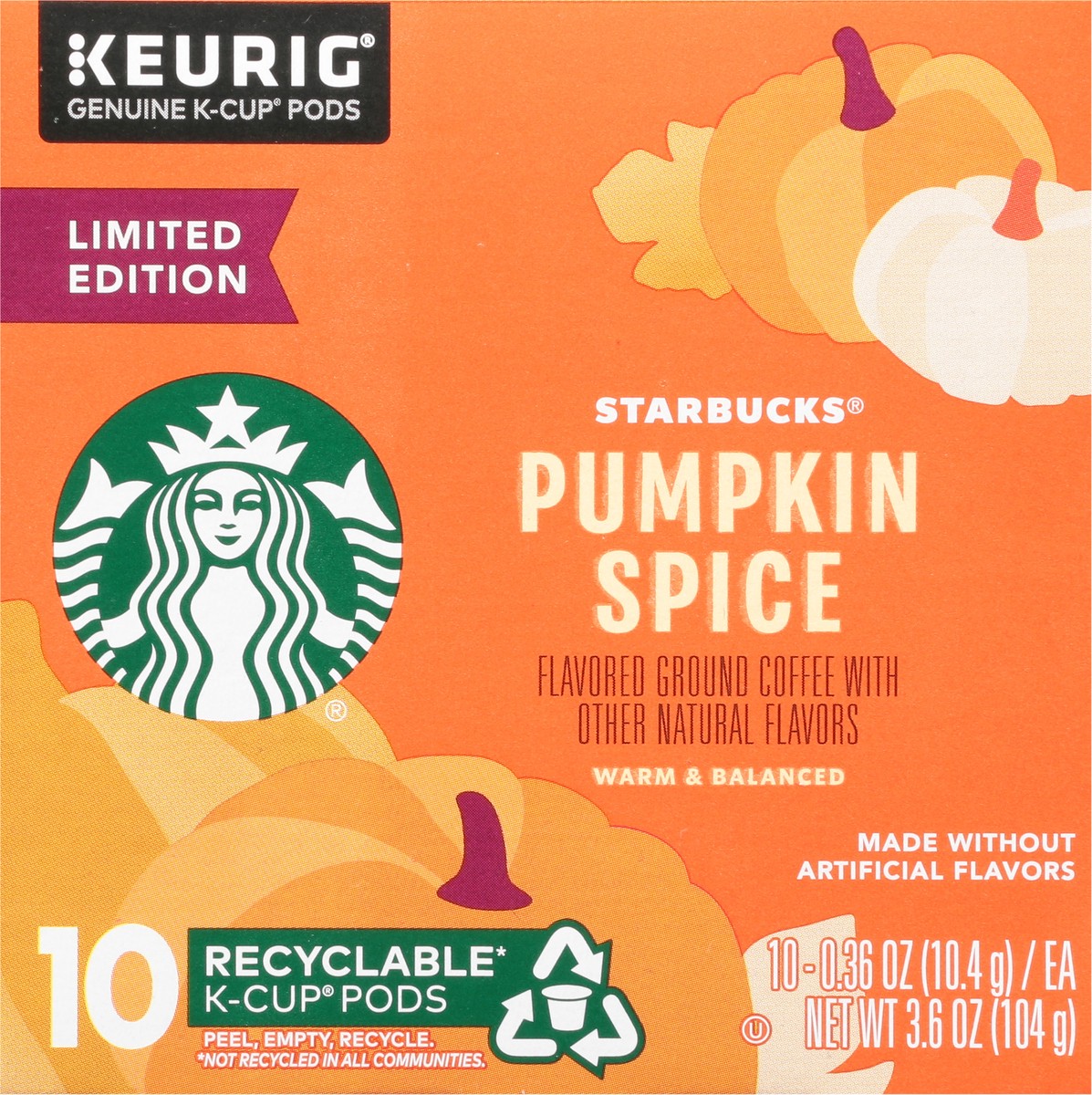 slide 8 of 9, Starbucks K-Cup Coffee Pods, Pumpkin Spice Naturally Flavored Coffee for Keurig Coffee Makers, 100% Arabica, Limited Edition, 1 Box (10 Pods), 3.6 oz