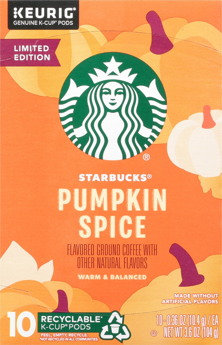 slide 3 of 9, Starbucks K-Cup Coffee Pods, Pumpkin Spice Naturally Flavored Coffee for Keurig Coffee Makers, 100% Arabica, Limited Edition, 1 Box (10 Pods), 3.6 oz