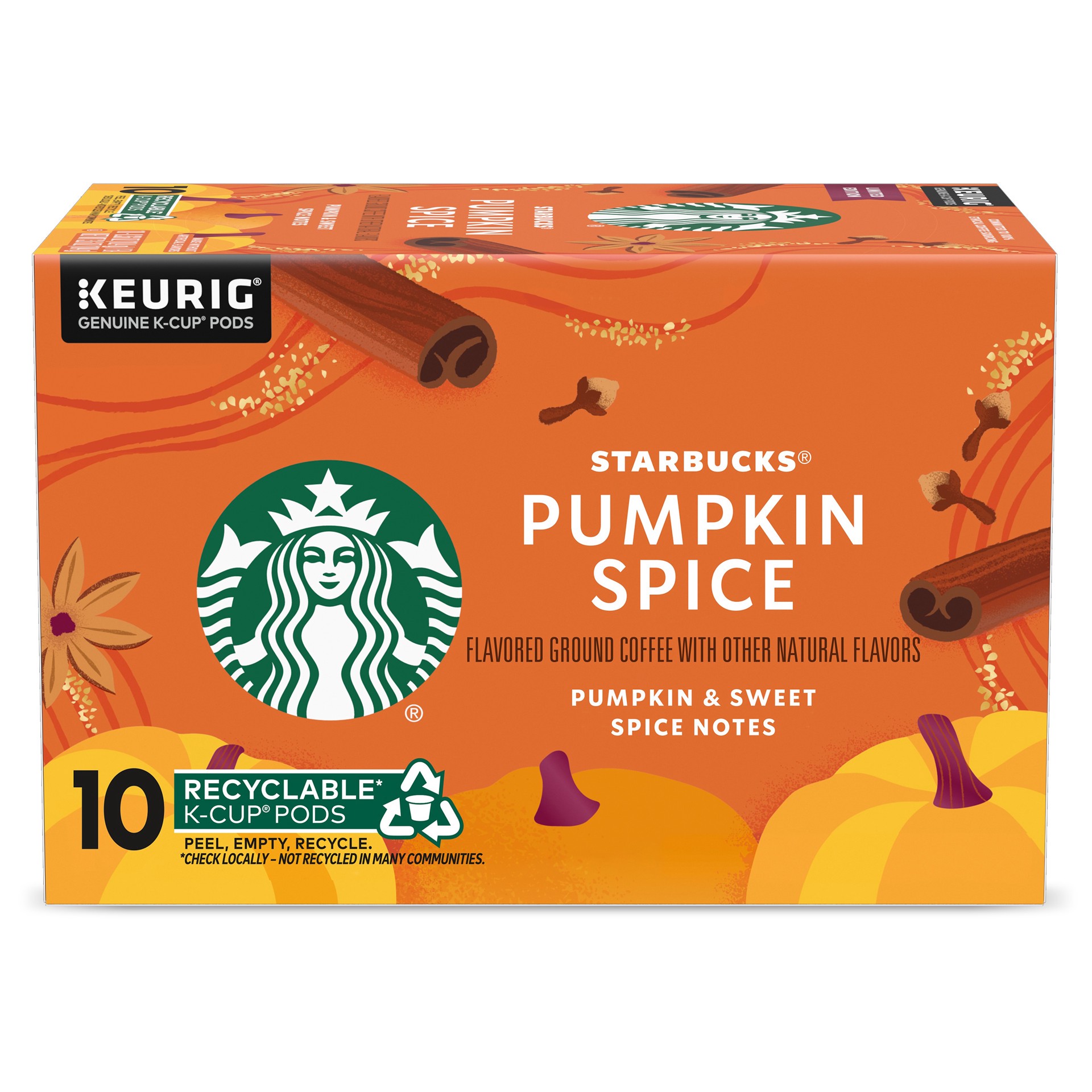 slide 1 of 9, Starbucks K-Cup Coffee Pods, Pumpkin Spice Naturally Flavored Coffee for Keurig Coffee Makers, 100% Arabica, Limited Edition, 1 Box (10 Pods), 3.6 oz