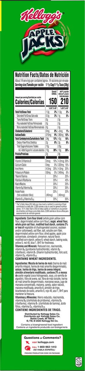 slide 7 of 8, Apple Jacks Kellogg's Apple Jacks Breakfast Cereal, 8 Vitamins and Minerals, Kids Snacks, Family Size, Original, 19.4oz Box, 1 Box, 19.4 oz