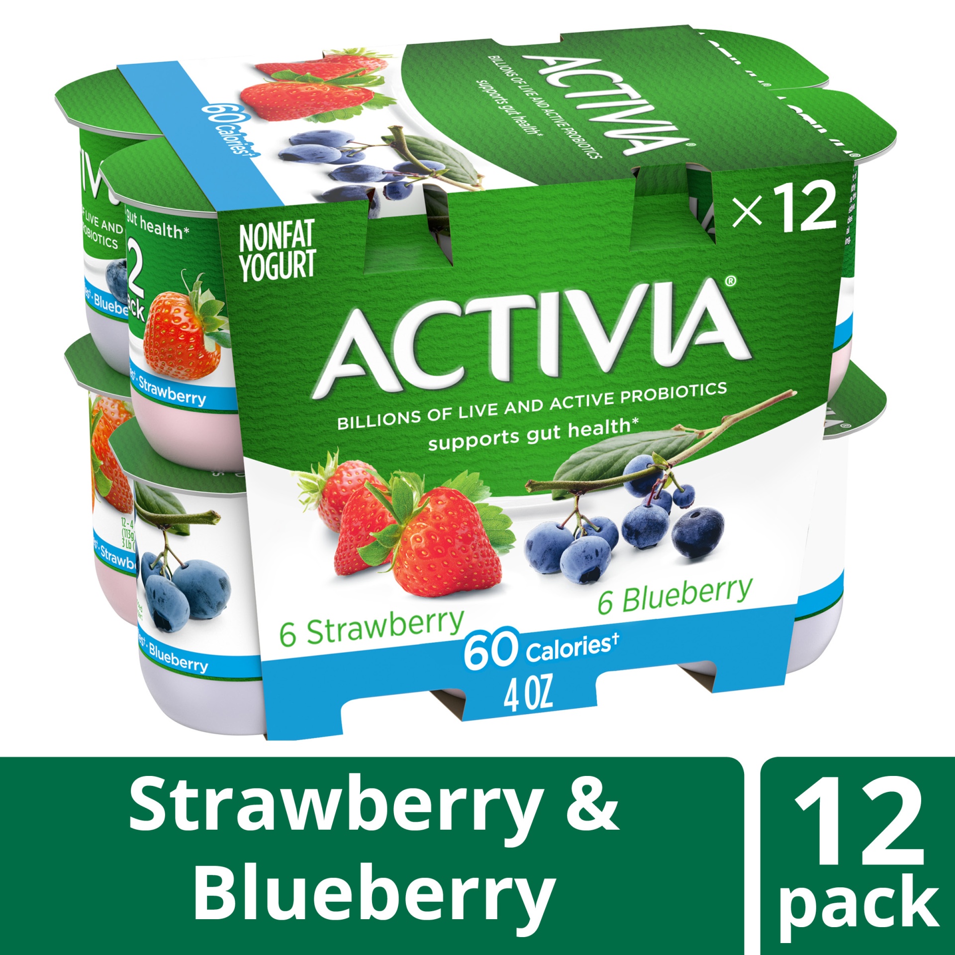 slide 1 of 7, Activia Nonfat Probiotic Strawberry & Blueberry Variety Pack Yogurt Cups, 4 oz