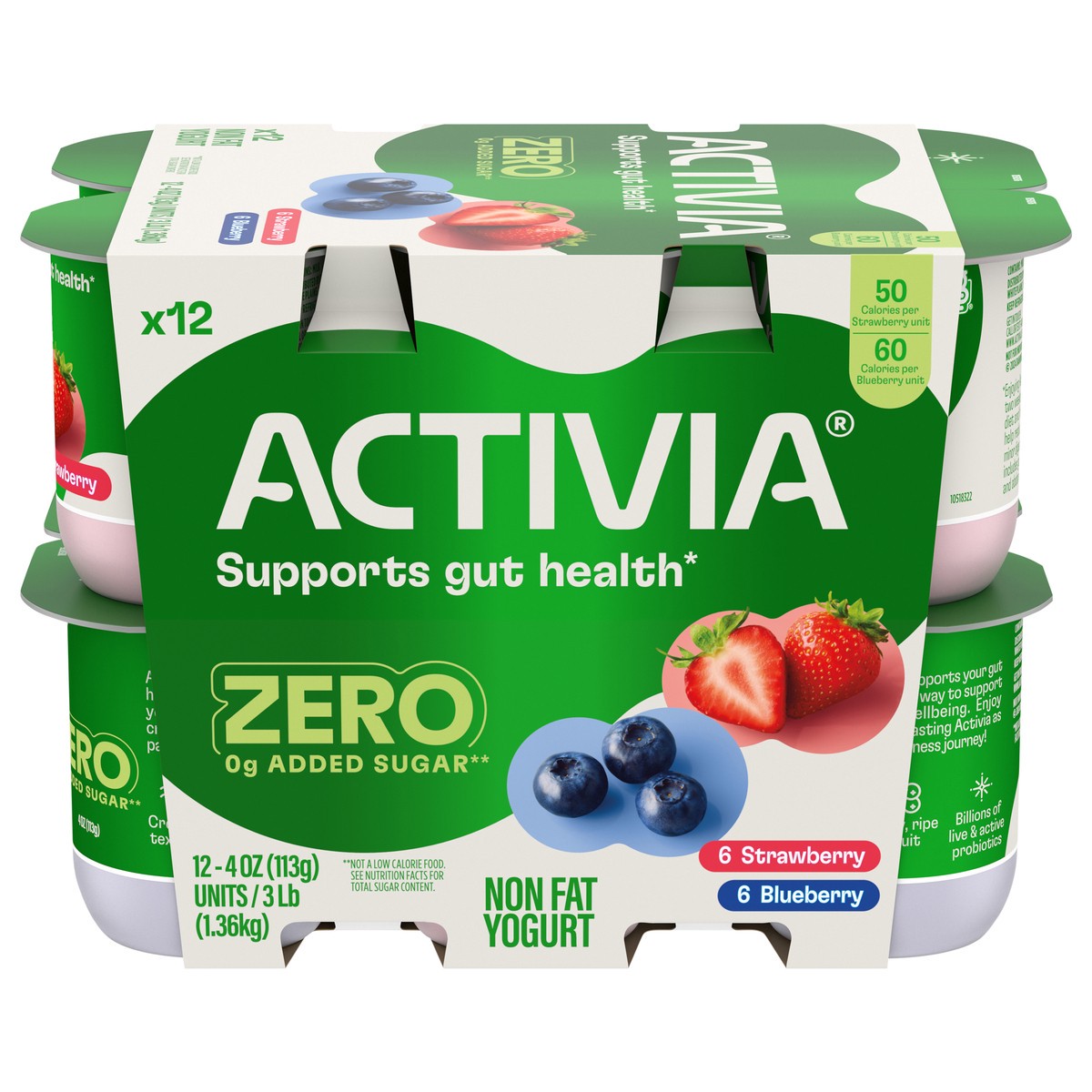 slide 1 of 5, Activia Zero 0g Added Sugar* Strawberry and Blueberry Probiotic Yogurt, Nonfat Yogurt Cups, 4 OZ, 12 Ct, 12 ct