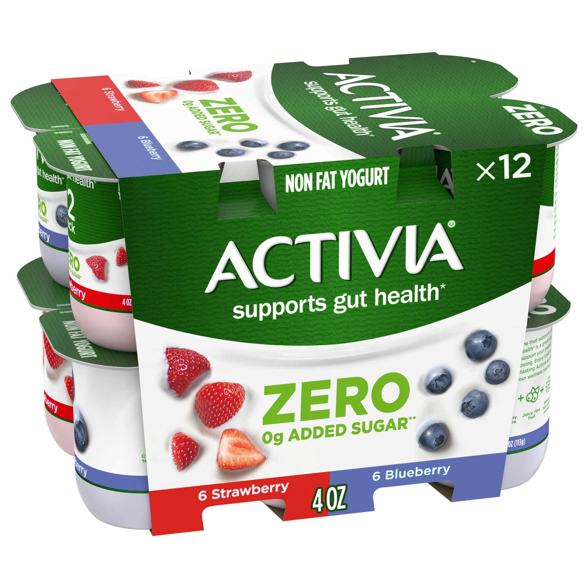 slide 1 of 5, Activia Zero 0g Added Sugar* Strawberry and Blueberry Probiotic Yogurt, Creamy and Delicious Nonfat Yogurt, 12 Ct, 4 OZ Yogurt Cups, 12 ct; 4 oz