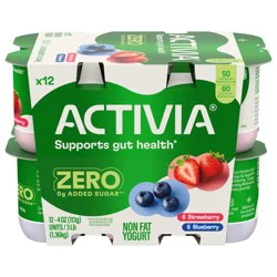 Activia Zero 0g Added Sugar* Strawberry and Blueberry Probiotic Yogurt, Nonfat Yogurt Cups, 4 OZ, 12 Ct