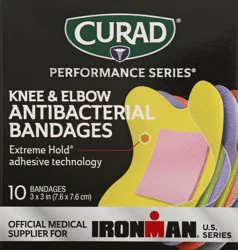 Curad Performance Series Antibacterial Knee & Elbow Bandages, 10 ea