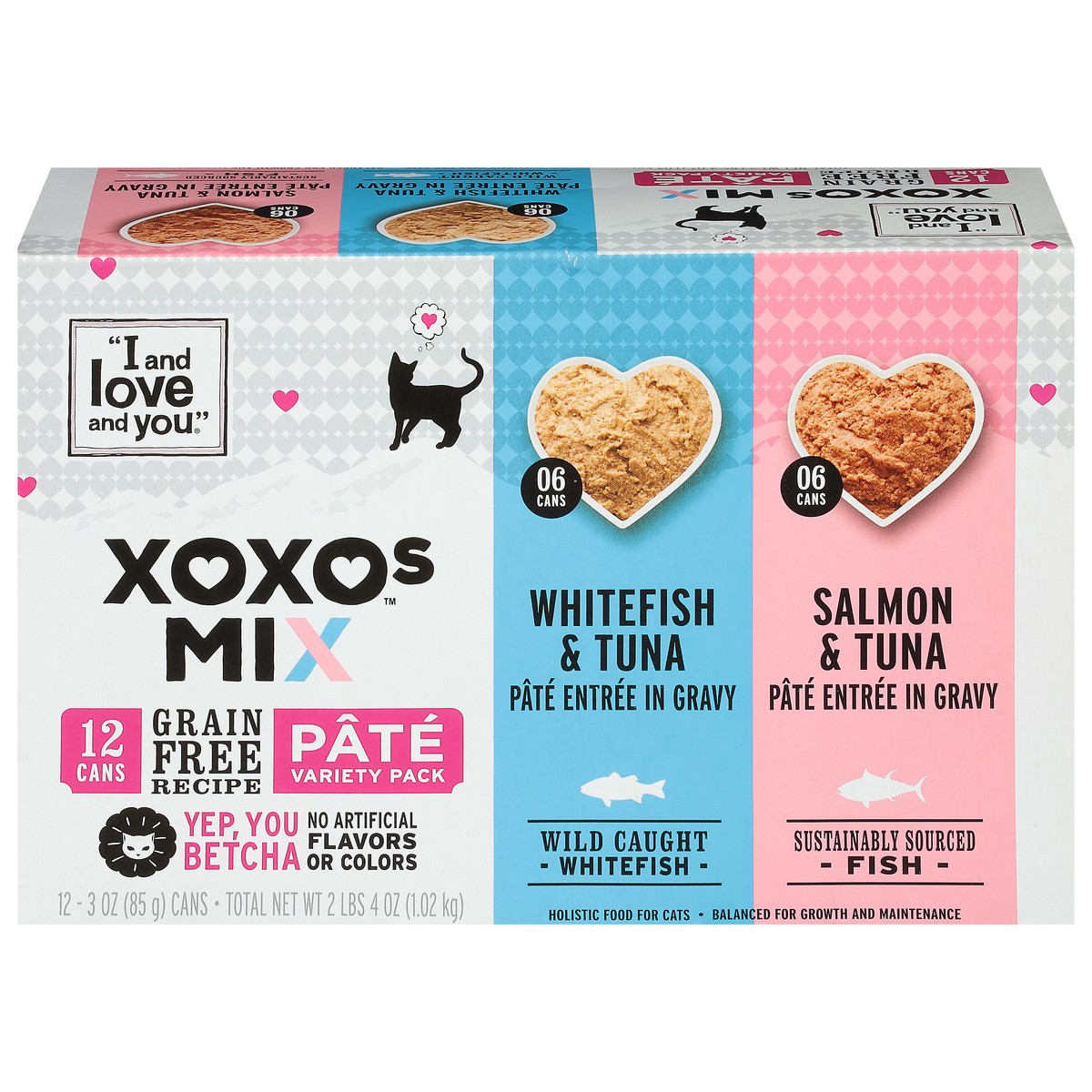 slide 1 of 9, I and Love and You XOXOs Mix Grain Free Recipe Holistic Whitefish & Tuna/Salmon & Tuna Food for Cats Pate Variety Pack 12 - 3 oz Cans, 12 ct