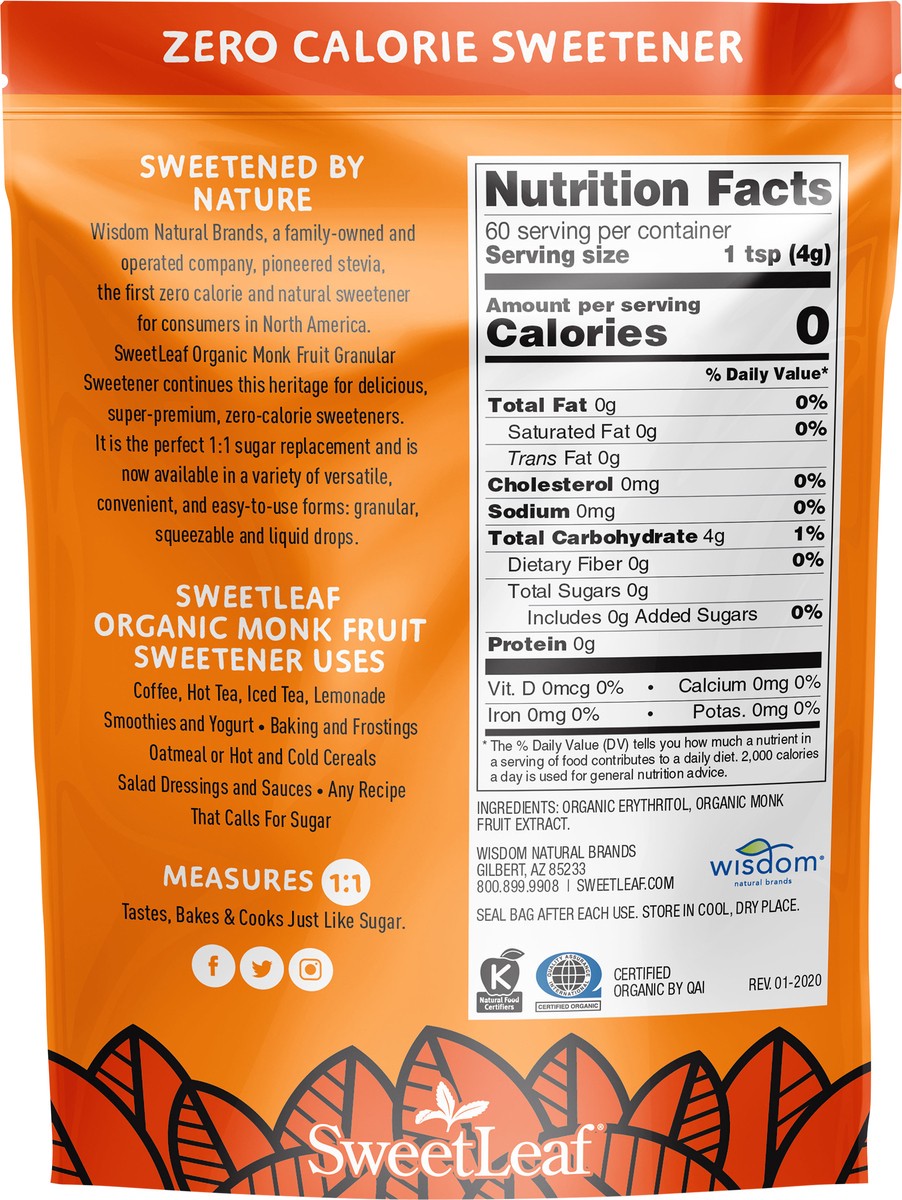 slide 8 of 8, SweetLeaf Organic Monk Fruit Granular Sweetener - 8.47 oz, 8.47 oz