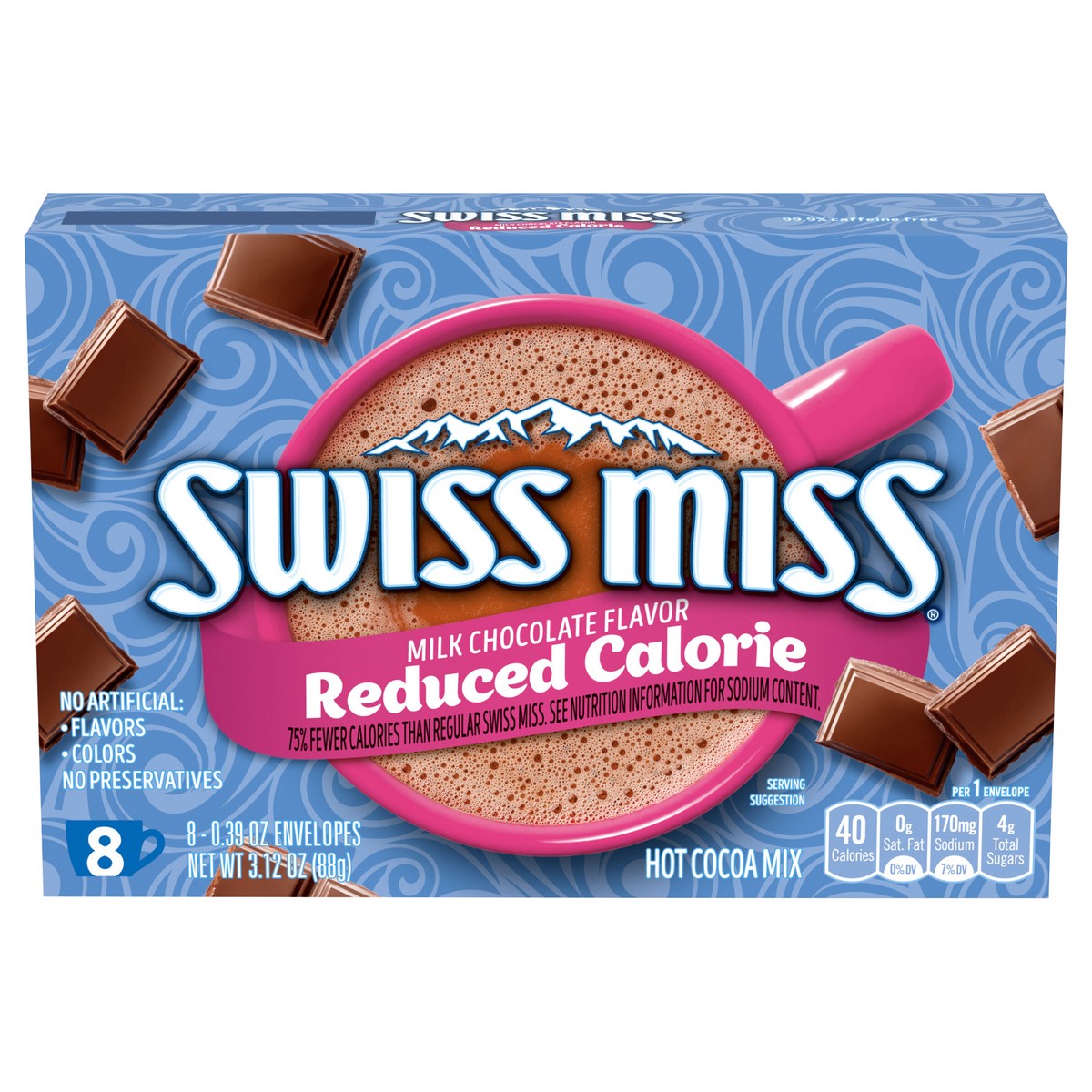 slide 1 of 1, Swiss Miss Reduced Calorie Milk Chocolate Flavored Hot Cocoa Mix, 8 Count Hot Cocoa Mix Packets, 8 ct; 0.39 oz