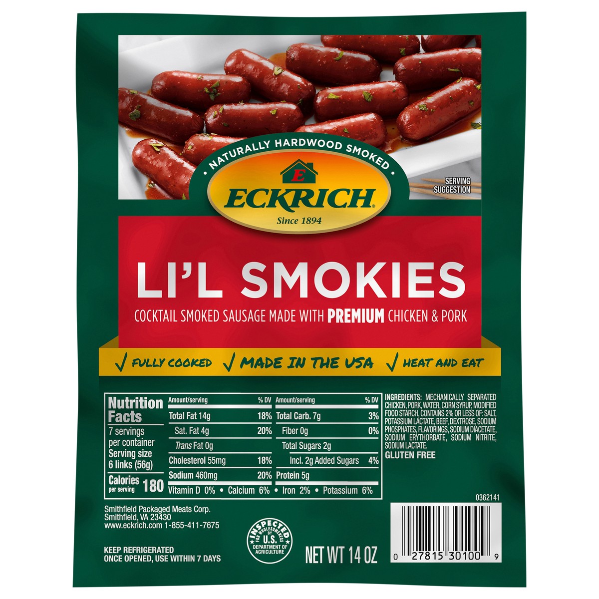 slide 1 of 8, Eckrich Cocktail Smoked Sausage, Li'l Smokies, 14oz, 14 oz