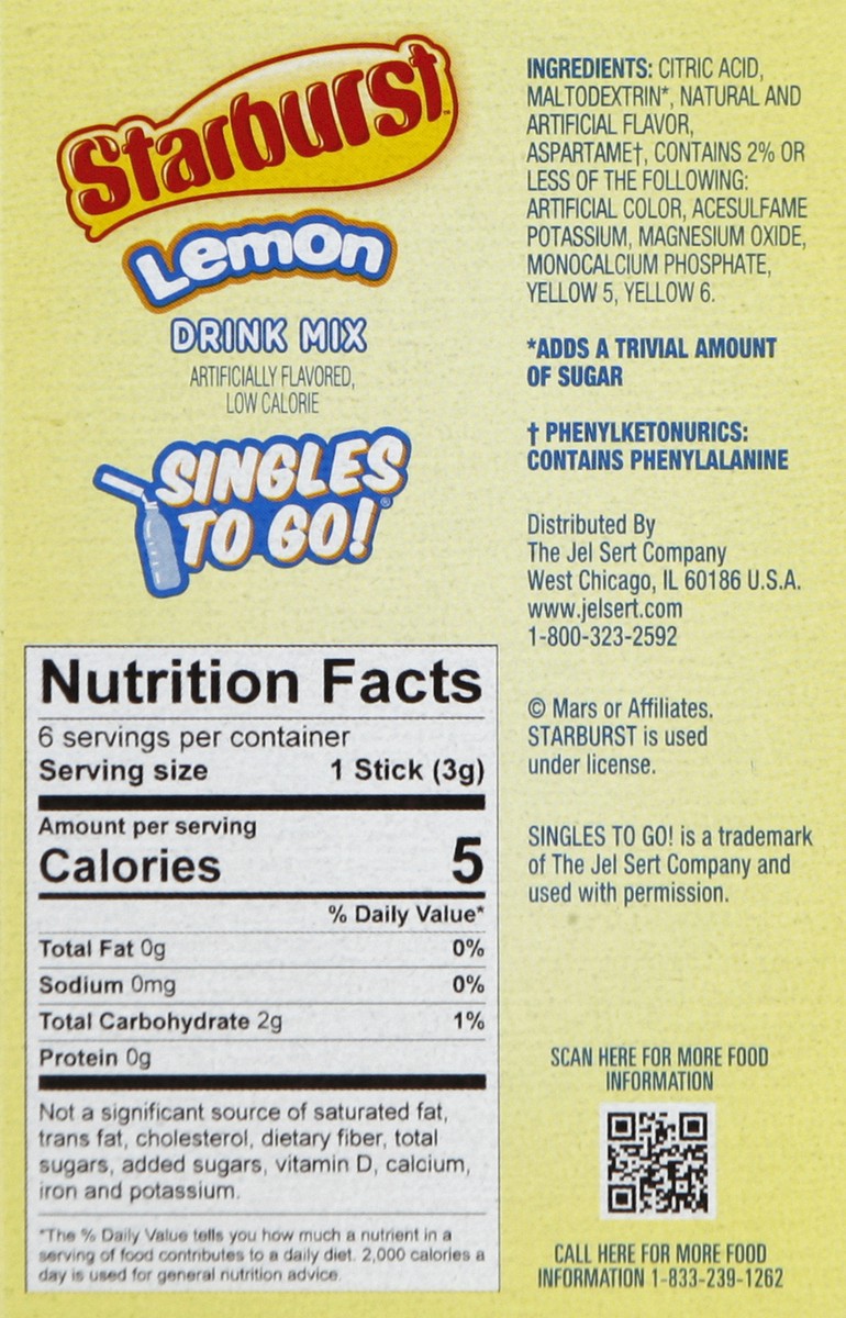 slide 6 of 6, Starburst Singles Lemon Drink Mix, 6 ct