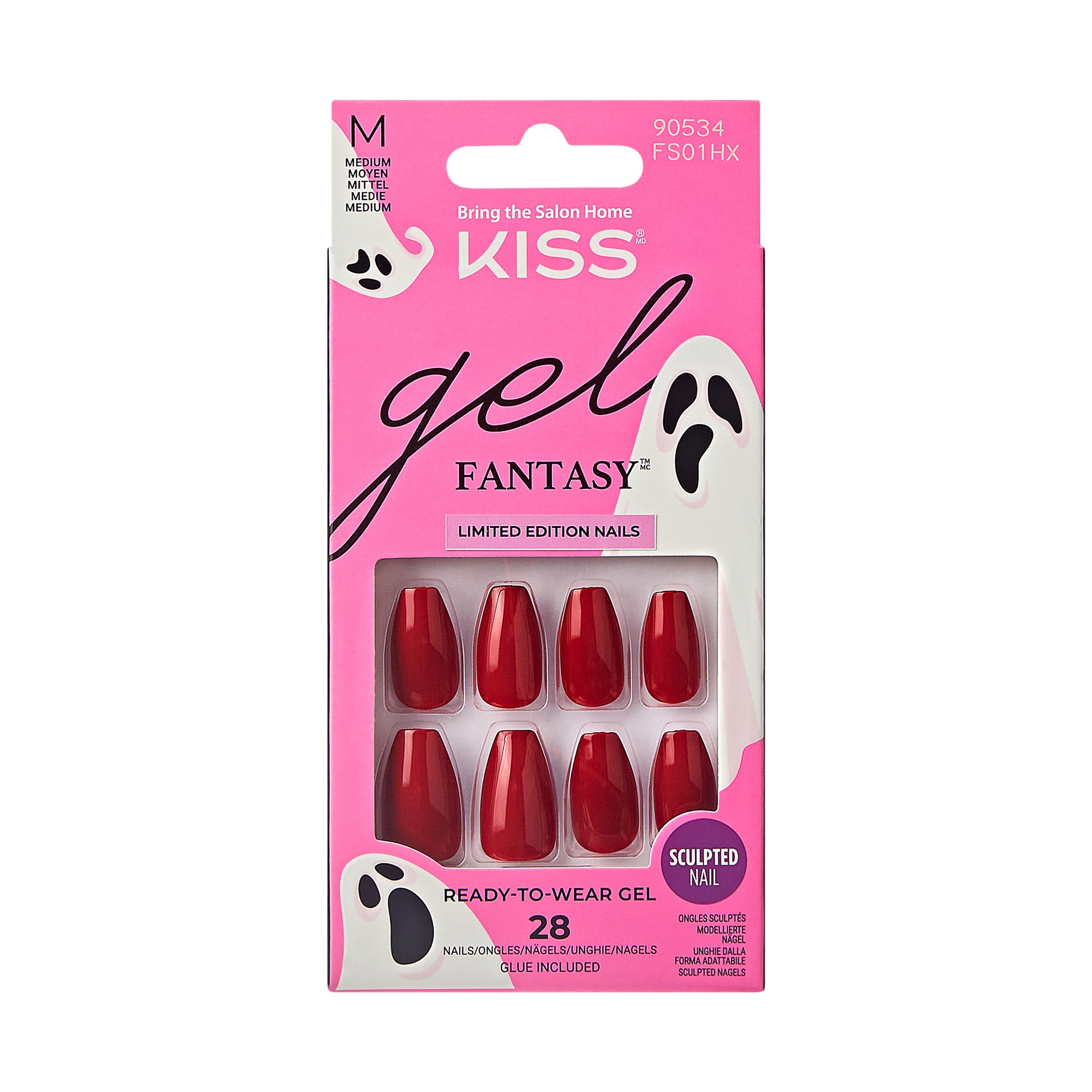 slide 1 of 5, KISS Gel Fantasy Sculpted Halloween Press-On Nails, Solid Red, Medium, Coffin, 31 Ct., 1 ct