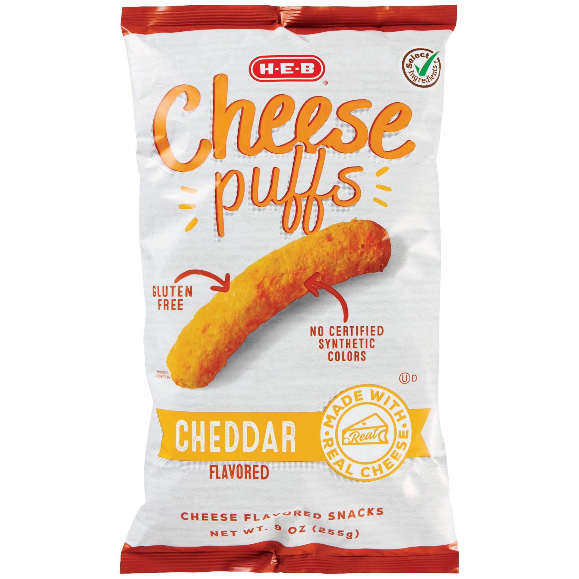 slide 1 of 1, H-E-B Select Ingredient Cheddar Cheese Puffs, 9 oz