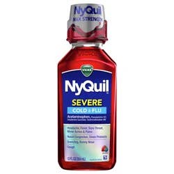 Vicks NyQuil SEVERE Cold & Flu Relief Liquid Over-the-Counter Medicine, Powerful, Multi-Symptom Nighttime Relief for Headache, Fever, Sore Throat, Minor Aches and Pains, Nasal Congestion, Sinus Pressure, Sneezing, Runny Nose, and Cough, Berry, 12 OZ