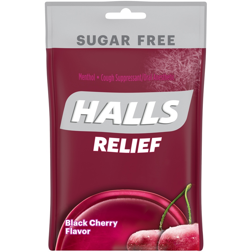 slide 2 of 7, Halls Relief Sugar Free Black Cherry Flavor Cough Suppressant Drops, 25 ct