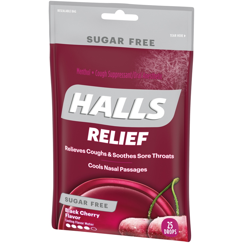 slide 4 of 7, Halls Relief Sugar Free Black Cherry Flavor Cough Suppressant Drops, 25 ct