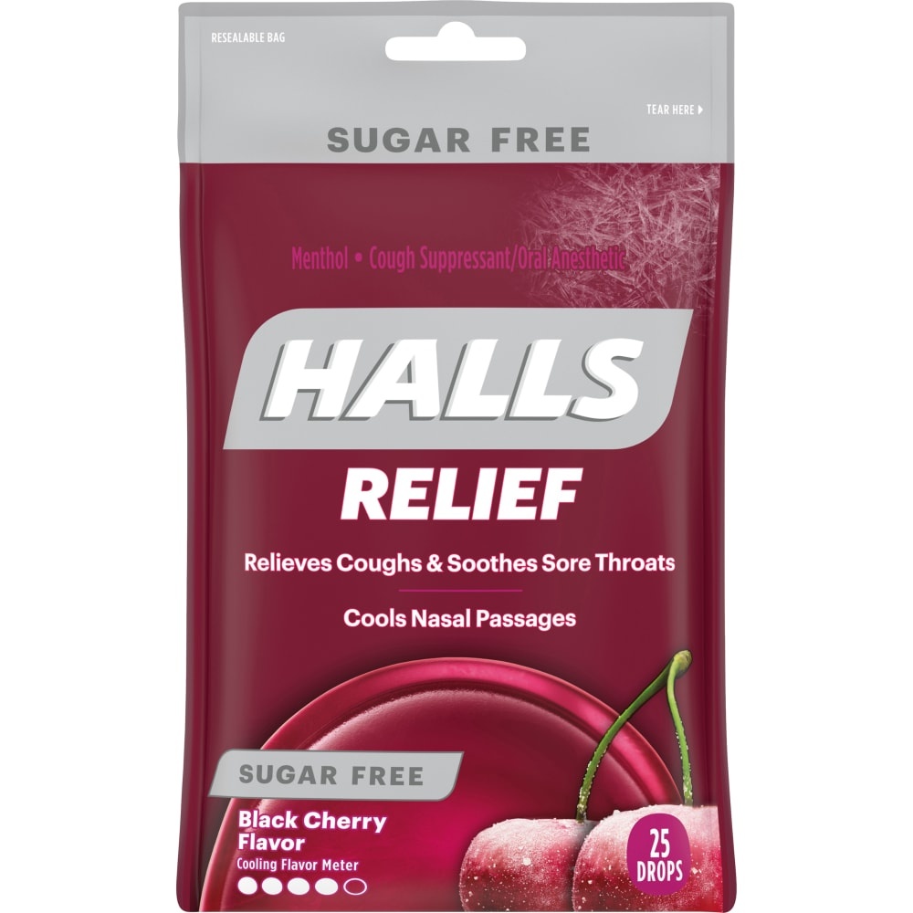 slide 1 of 7, Halls Relief Sugar Free Black Cherry Flavor Cough Suppressant Drops, 25 ct
