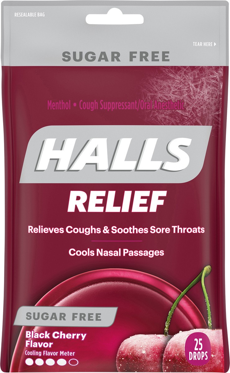 slide 4 of 12, HALLS Relief Black Cherry Sugar Free Cough Drops, 25 Drops, 0.17 lb