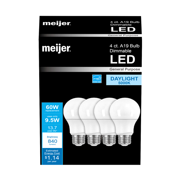 slide 1 of 1, Meijer LED 9.5W A19 Dimmable Light Bulb, Daylight, 60W Equivalent, 4 ct