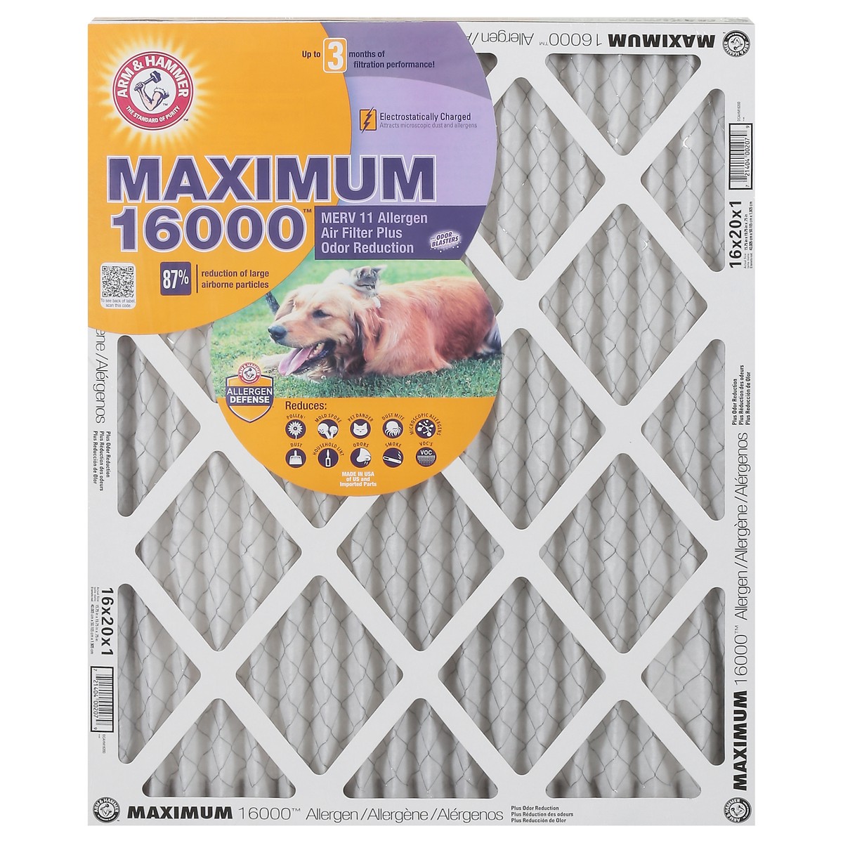 slide 1 of 9, ARM & HAMMER Maximum 16000 Merv 11 Allergen Plus Odor Reduction Air Filter 1 ea, 1 ct